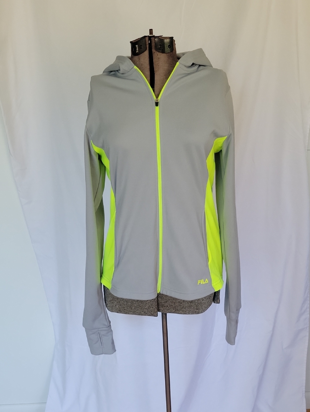 Fila "May" Front Zip Hooded Jacket. Medium, Gray/Green-Yellow